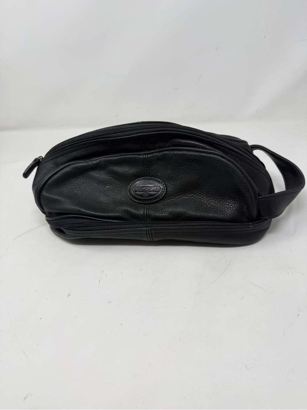 FOSSIL Men’s Black Soft Leather Travel Toiletry Bag Shaving Dopp Vintage 10”X5”